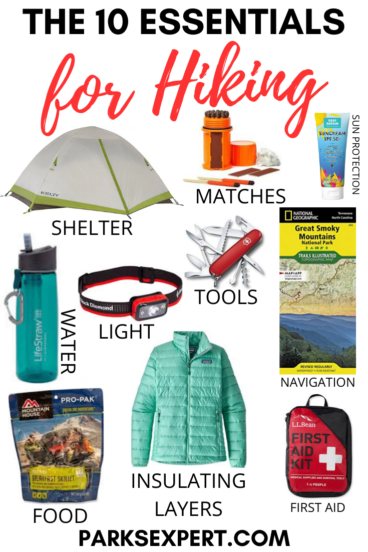 A collection of the ten essential items for hiking: shelter, water, food, matches, tools, a light, insulating layers, navigation, sun protection, and first-aid