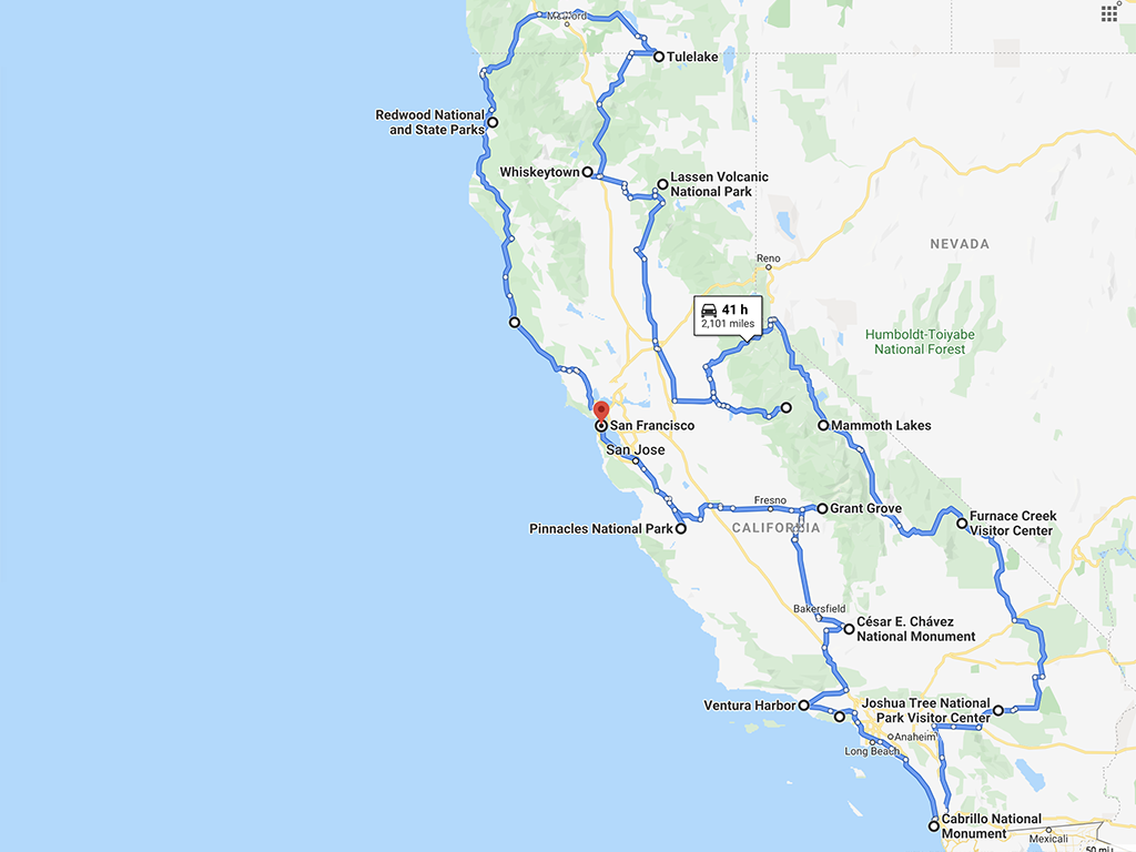 National Parks In California Road Trip Map 