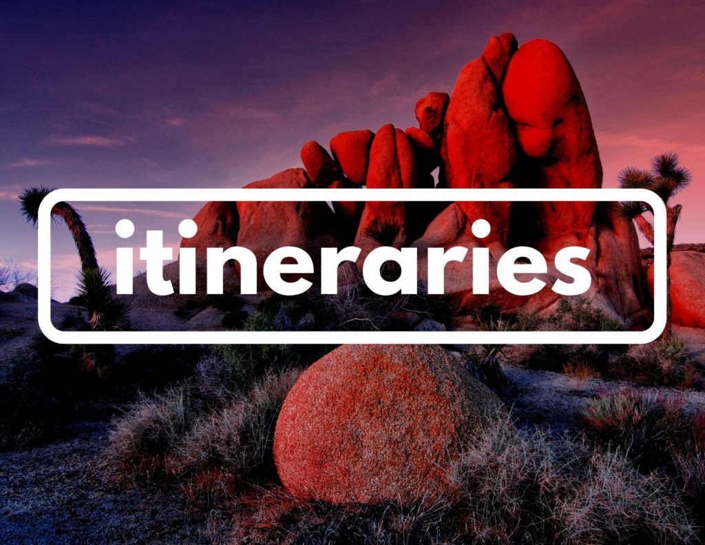 Plan 5 An image of rocks and strange trees at sunset. Across the center of the image is the word "itinerary" in white.