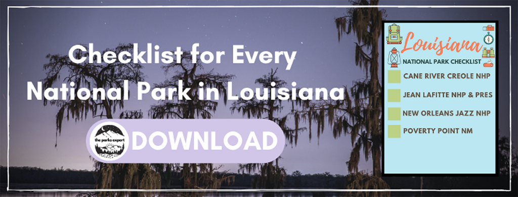 4 Lovely National Parks in Louisiana 3 An image of the bayou in Louisiana under a purple night sky. The text on the image is encouraging you to download a checklist of the national parks in Louisiana by signing up for e-mail notifications.