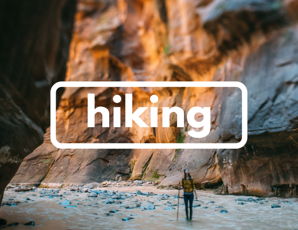 Plan 4 An image of a person hiking through water in a slot canyon. Across the center of the image is the word "hiking" in white.