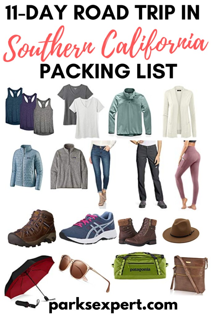 11-Day Southern California Road Trip: The Ultimate Itinerary 2 An assortment of items you should pack for a Southern California road trip. Items include tops, bottoms, shoes, an umbrella, hat, and sunglasses.
