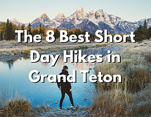 Grand Teton National Park 2 An image of a hiker walking next to a lake. Over the image, white text with a black shadow reads "The 8 Best Short Day Hikes in Grand Teton"