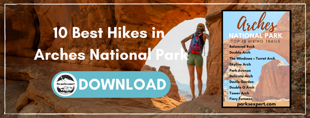 10 Best Hikes in Arches National Park That Lead to the Greatest Natural Arches in Utah 3 An image of a female hiker in an arch looking at the view. The text on the image is encouraging you to download a checklist of the best hikes in Arches National Park by signing up for e-mail notifications.