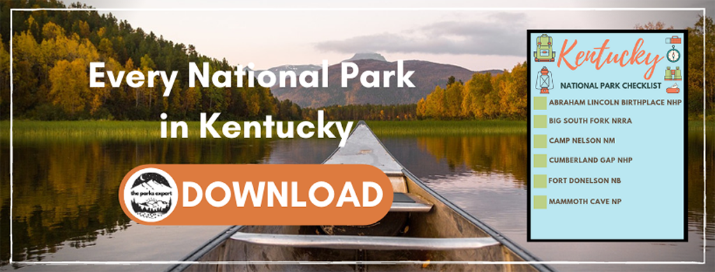 7 Exceptional National Parks in Kentucky 4 An image of a canoe on a lake. The text on the image is encouraging you to download a checklist of the national parks in Kentucky by signing up for e-mail notifications.