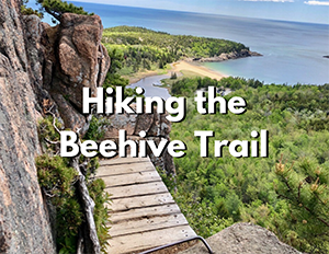 Hiking 11 An image of a wooden bridge between two narrow rock ledges on a cliff side. Over the image, white text with a black shadow reads "Hiking the Beehive Trail"