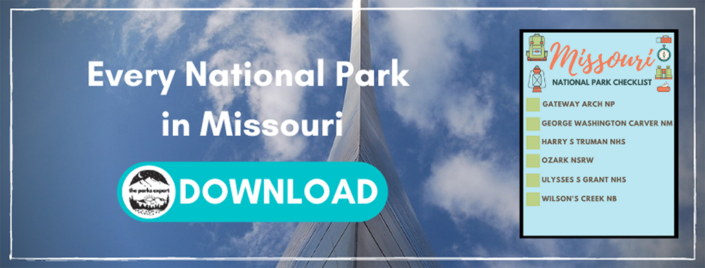 7 Remarkable National Parks in Missouri 4 An image of a metal arch against the sky. The text on the image is encouraging you to download a checklist of the national parks in Missouri by signing up for e-mail notifications.