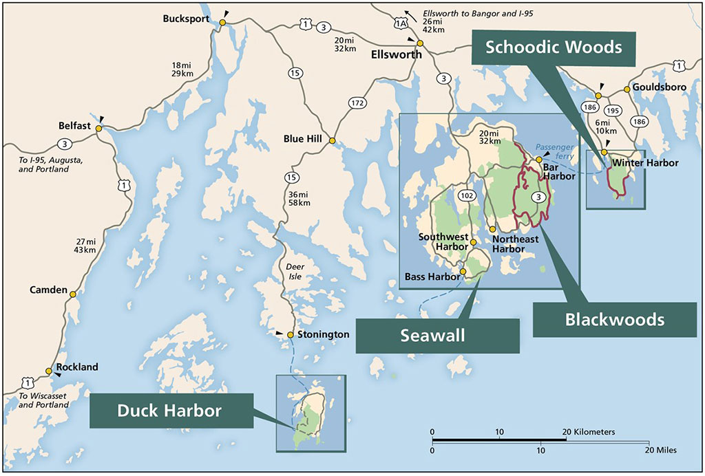 Camping in Acadia National Park: Essential Guide to All 4 Acadia Campgrounds 2 A regional map of all four campgrounds in Acadia National Park