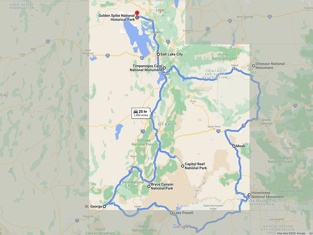 13 Unbelievable National Parks in Utah 3 A map of Utah and surrounding states with Utah highlighted and the other states faded out. We also see a road trip itinerary for visiting the 13 national parks in Utah.