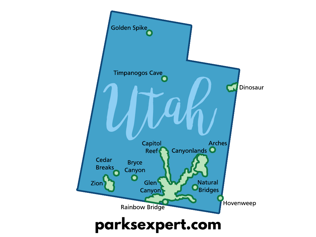 13 Unbelievable National Parks in Utah 2 A map of the state of Utah in blue with the national parks in Utah in green