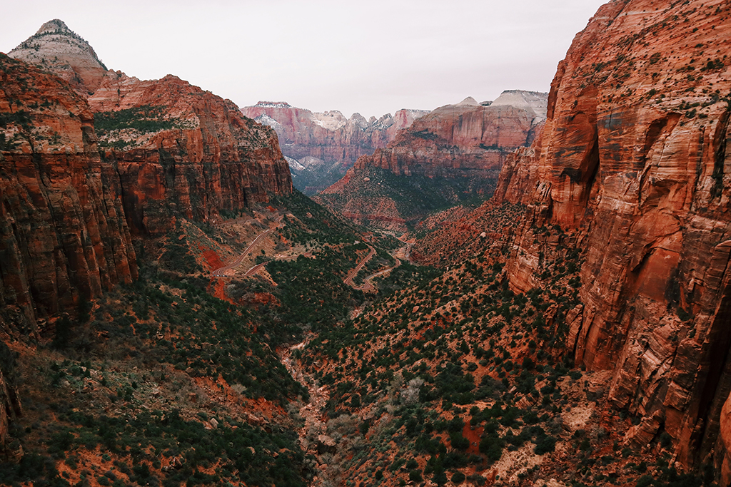 Zion Shuttle: How to Plan a Stress-Free Trip 8 A red canyon viewed from above on an overcast day