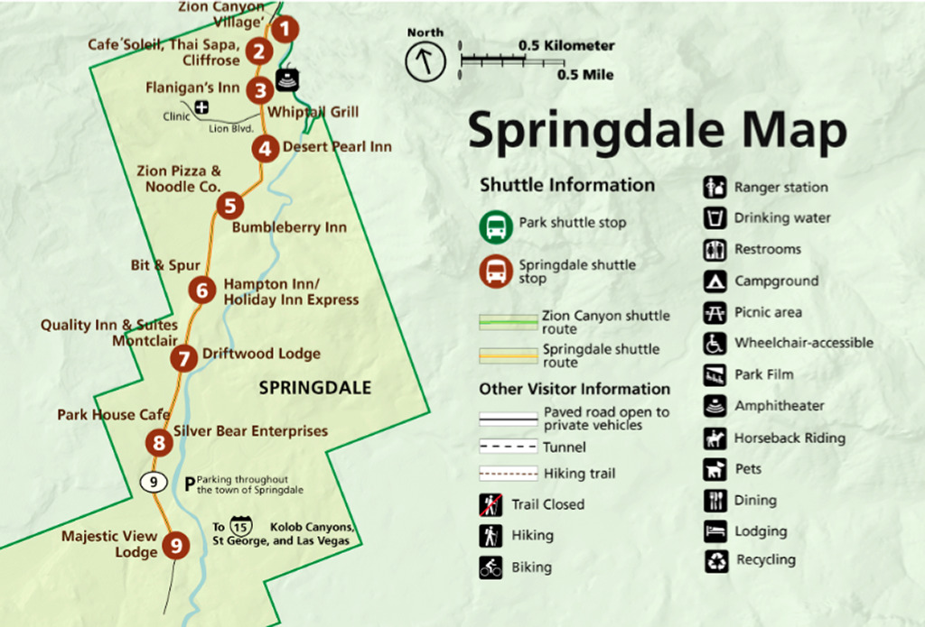 Zion Shuttle: How to Plan a Stress-Free Trip 5 A map of the Zion National Park Shuttle route through Springdale, Utah