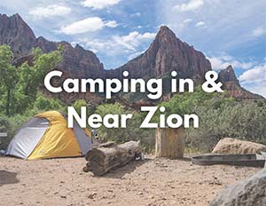 Camping 2 A photo of a yellow tent beneath the Watchman, a red rock formation in Zion National Park.