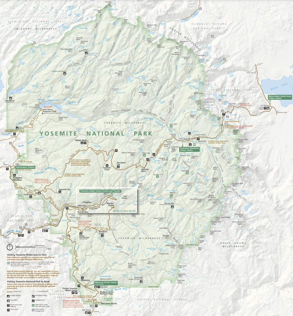 Yosemite Itinerary: 5 Ideas for Day-to-Day Experiences in an Iconic National Park 32 A map of Yosemite National Park and its attractions, campgrounds, roads, lodging, and more