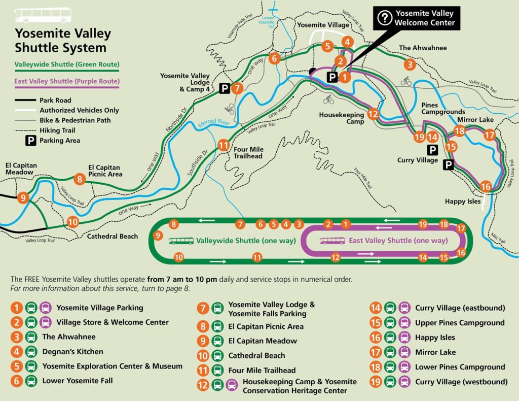 Yosemite Itinerary: 5 Ideas for Day-to-Day Experiences in an Iconic National Park 5 A map of the shuttle system in Yosemite Valley with several routes