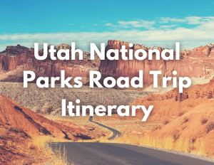 Bryce Canyon National Park 7 A paved road through a landscape of red rocks with words in white that read "Utah National Parks Road Trip Itinerary"