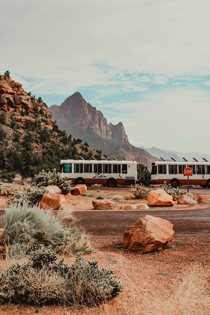 Zion National Park 3 A Zion Shuttle heads up the Zion Canyon Road