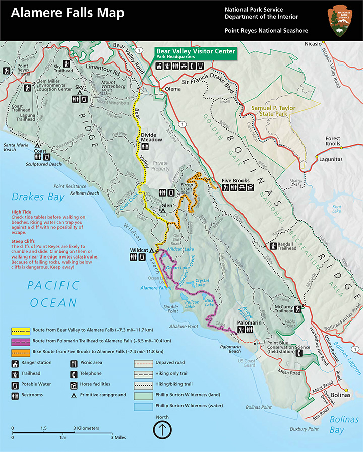 Alamere Falls Hike: The Ultimate Guide for Hiking to One of California’s Bucket-List Waterfalls 9 A map showing the locations of the trails in the southern district of Point Reyes National Seashore and the most popular routes to Alamere Falls.