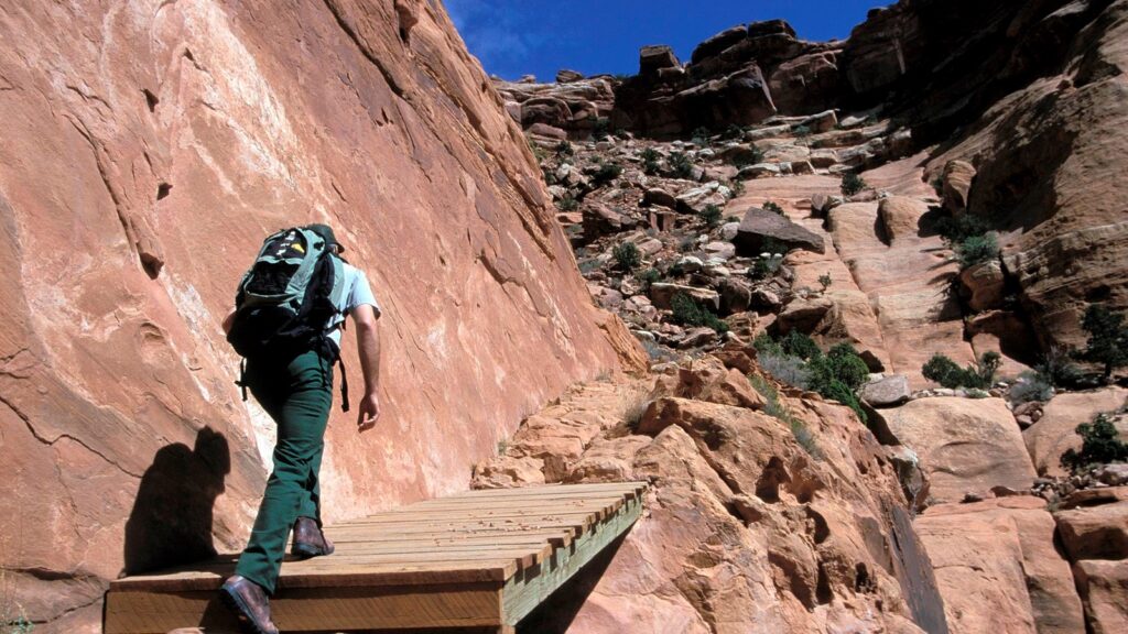 The 15 Best Hikes in Canyonlands National Park: A Comprehensive Guide 52 A hiker walks on a bridge before a rock scramble up a canyon