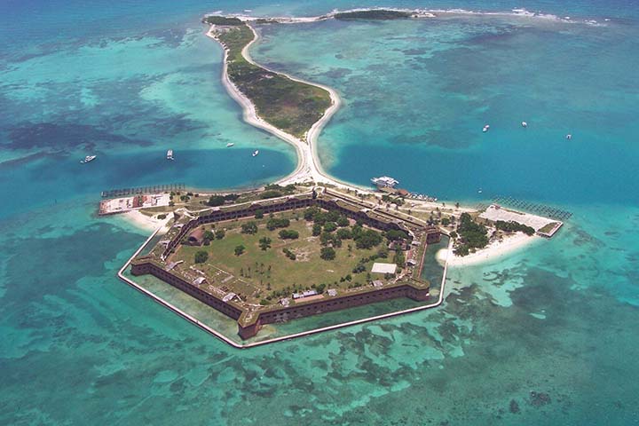Everglades National Park 15 An aerial view of an island with a large brick fort