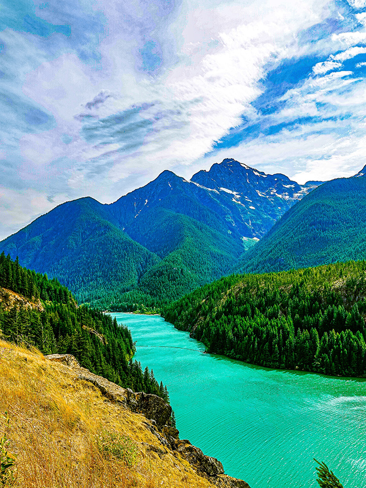 15 Wonderful National Parks in Washington 28 A green-colored lake below yellow grass with tall blue mountains in the background