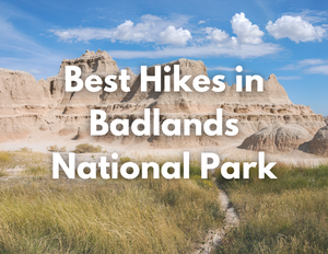 A trail through a field leads to gray and brown badlands. Text over the image reads, "Best Hikes in Badlands National Park"