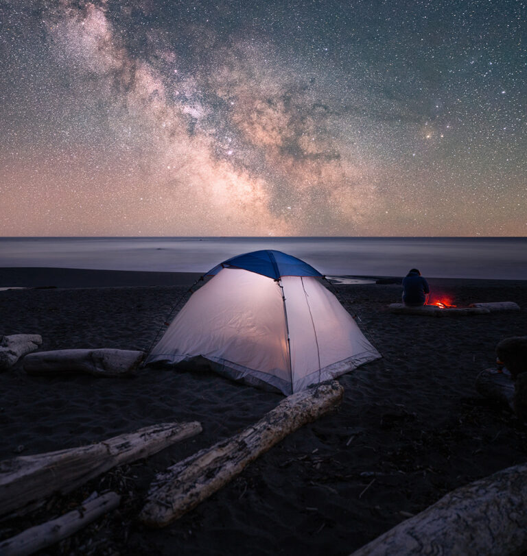Primitive Olympic National Park camping at Third Beach; a tent on the ocean under the milky way
