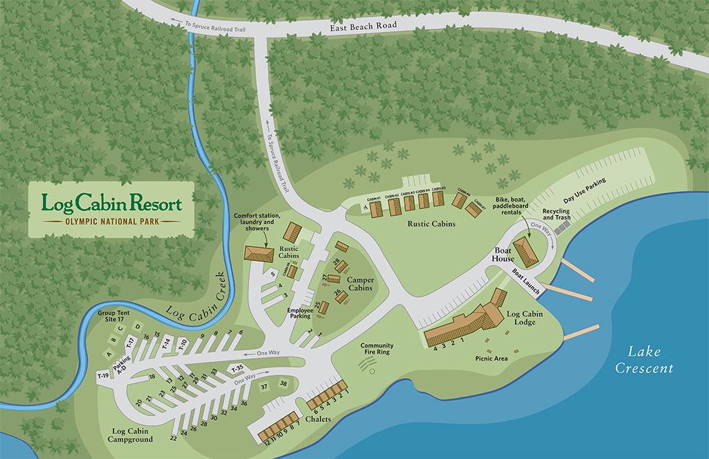 Olympic National Park Camping Guide: Everything You Need to Know About All 15 Olympic National Park Campgrounds 24 A map of the Log Cabin Resort campgrounds in Olympic National Park