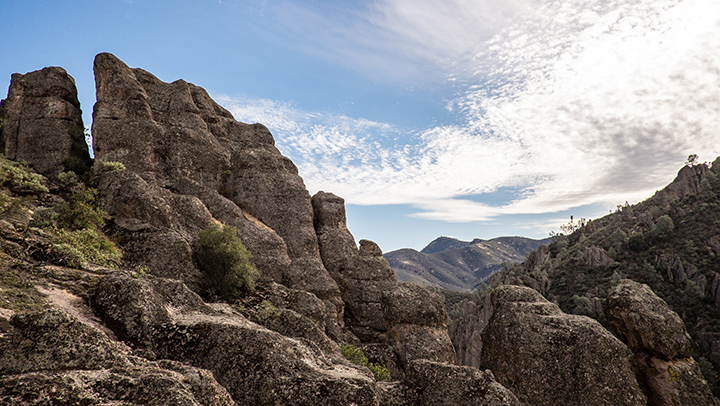 The Ultimate Pinnacles National Park Camping Guide 21 Red rock spires on a partly cloudy day