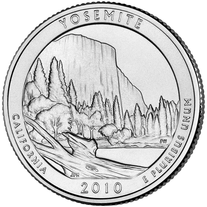 56 National Park Quarters List (With Pictures!) 9 A national park quarter for Yosemite with El Capitan framed by a river and trees