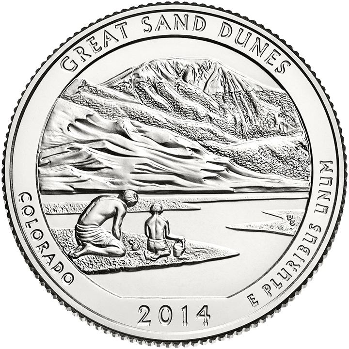 56 National Park Quarters List (With Pictures!) 10 A national park quarter for Great Sand Dunes with a family playing in a creek beside dunes and mountains
