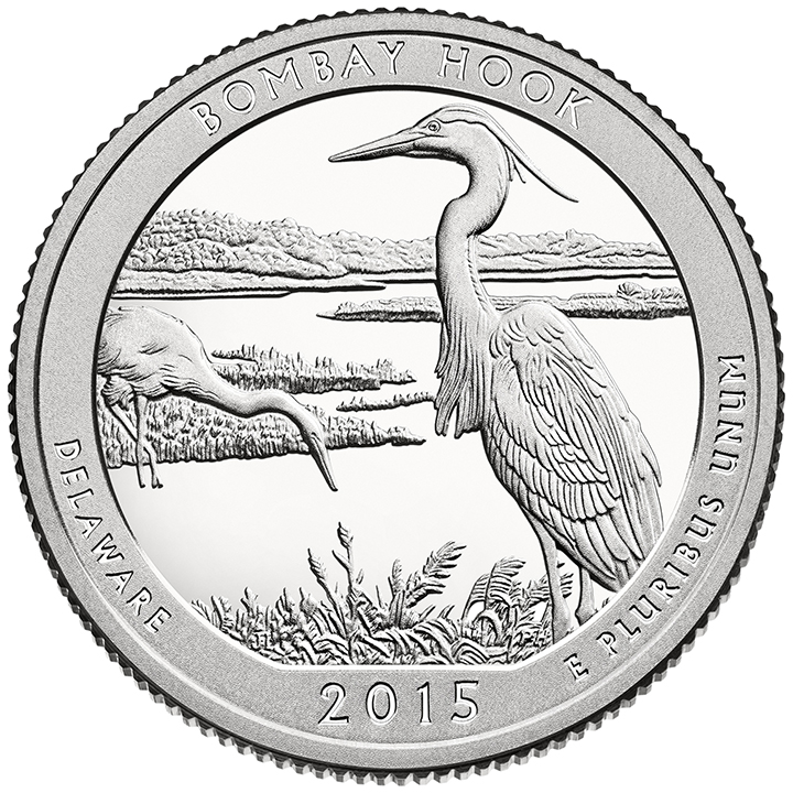 56 National Park Quarters List (With Pictures!) 12 A national park quarter for Bombay Hook with an egret in the foreground of a marsh