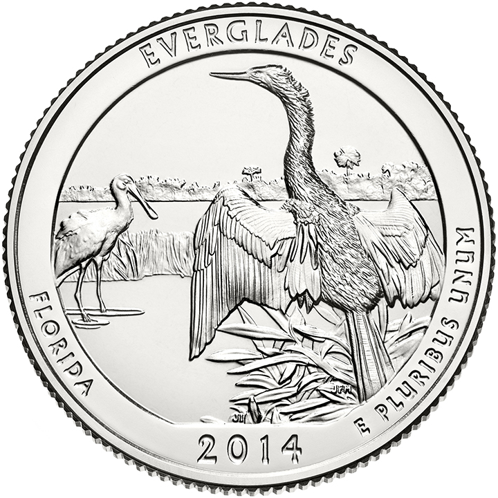 56 National Park Quarters List (With Pictures!) 14 A national park quarter for Everglades with two birds visiting a marsh