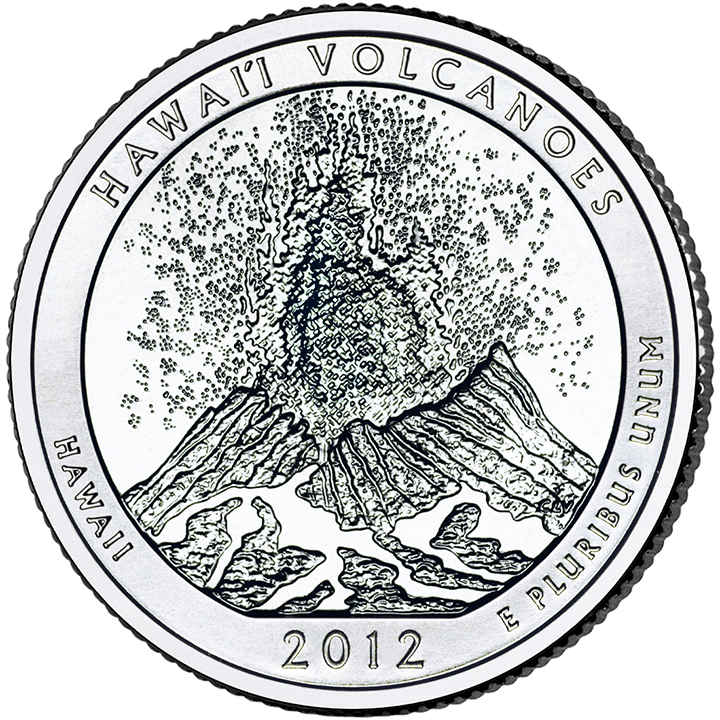 56 National Park Quarters List (With Pictures!) 17 A national park quarter for Hawaii Volcanoes with an erupting volcano spewing lava