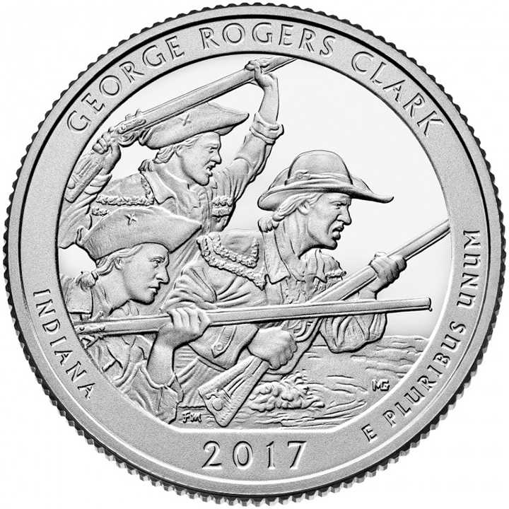 56 National Park Quarters List (With Pictures!) 20 A national park quarter for George Rogers Clark with men hoisting guns
