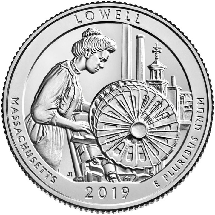 56 National Park Quarters List (With Pictures!) 27 A national park quarter for Lowell with a woman using a spinning wheel
