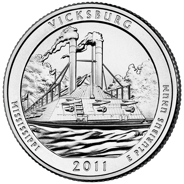 56 National Park Quarters List (With Pictures!) 30 A national park quarter for Vicksburg with a boat under attack
