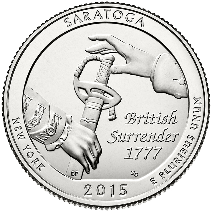 56 National Park Quarters List (With Pictures!) 38 A national park quarter for Saratoga with two hands on a sword
