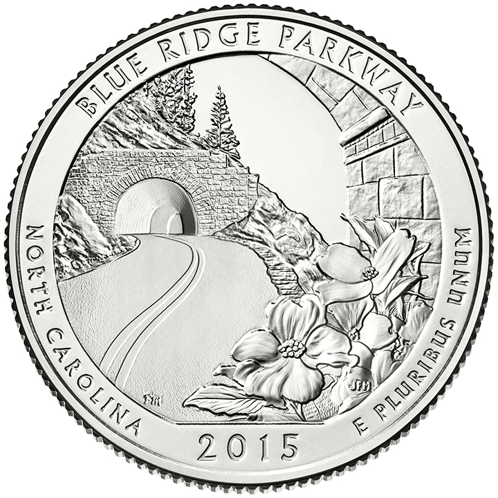 56 National Park Quarters List (With Pictures!) 39 A national park quarter for Blue Ridge Parkway with a road leading through a tunnel