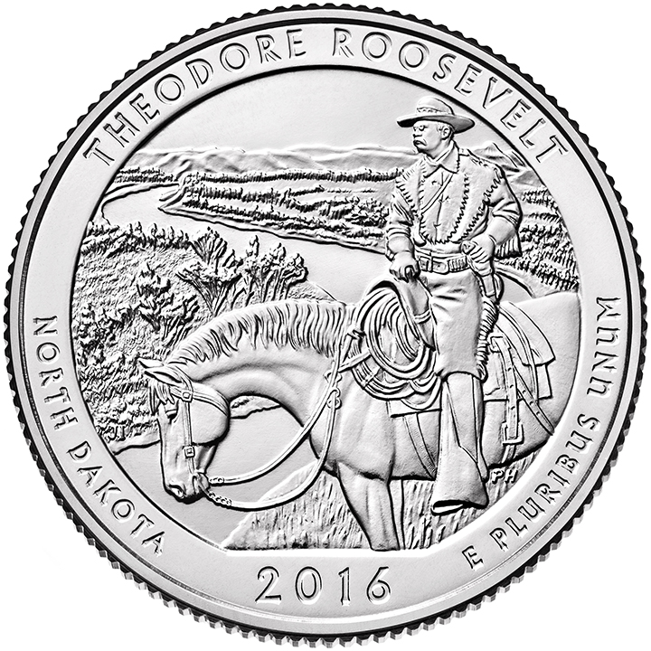 56 National Park Quarters List (With Pictures!) 40 A national park quarter for Theodore Roosevelt with the president on horseback on a ridge overlooking a river