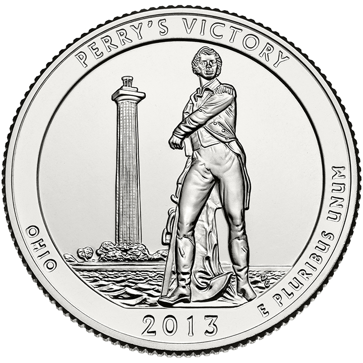 56 National Park Quarters List (With Pictures!) 42 A national park quarter for Perry's Victory with an armed man defending a monument
