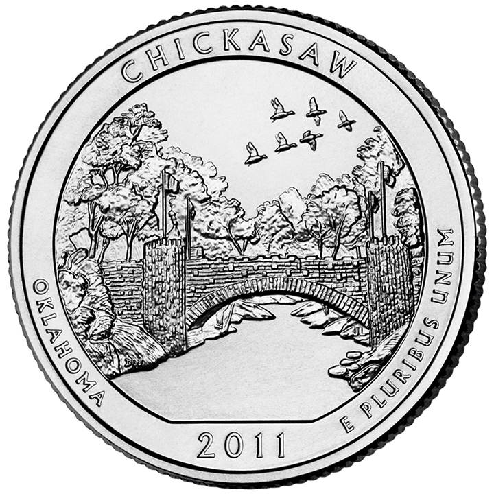 56 National Park Quarters List (With Pictures!) 43 A national park quarter for Chickasaw with birds flying over a bridge straddling a river