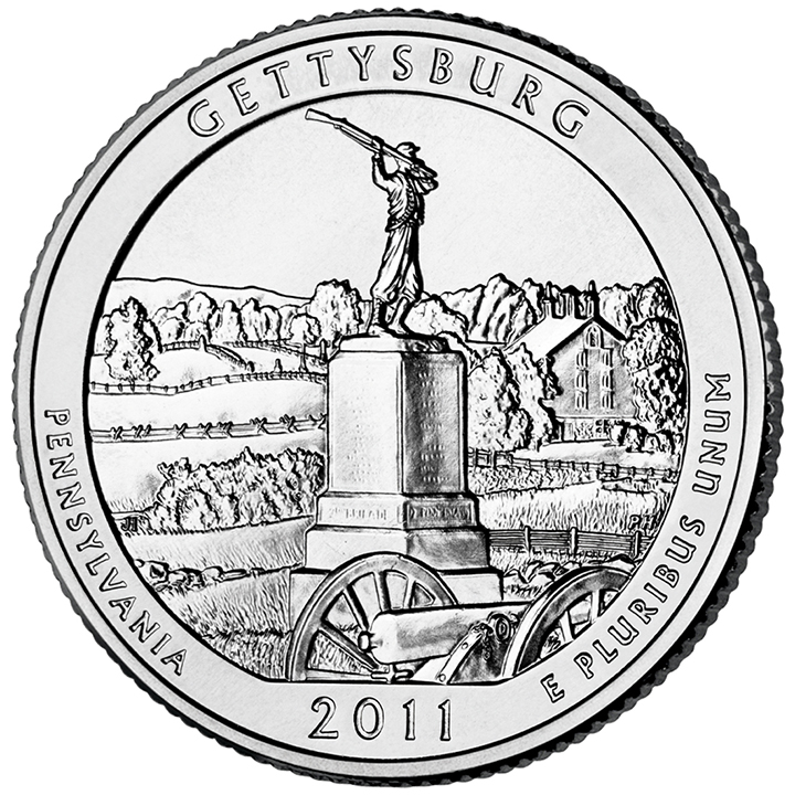 56 National Park Quarters List (With Pictures!) 45 A national park quarter for Gettysburg with a tall war memorial on a battlefield