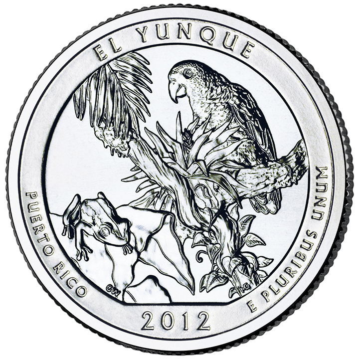 56 National Park Quarters List (With Pictures!) 46 A national park quarter for El Yunque with a bird and a frog in a tree