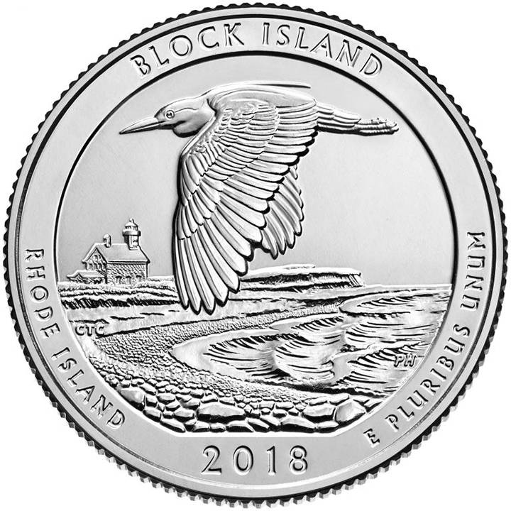 56 National Park Quarters List (With Pictures!) 47 A national park quarter for Block Island with a bird flying over the coast