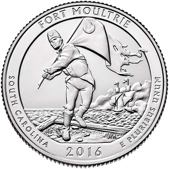56 National Park Quarters List (With Pictures!) 48 A national park quarter for Fort Moultrie with a soldier raising a flag while defending a fort