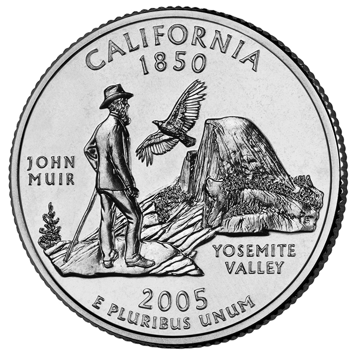 56 National Park Quarters List (With Pictures!) 61 A coin titled California features John Muir, a California Condor, and Half Dome in Yosemite