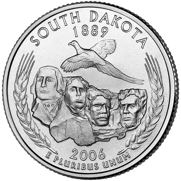 56 National Park Quarters List (With Pictures!) 73 A coin titled South Dakota features a bird flying above Mount Rushmore