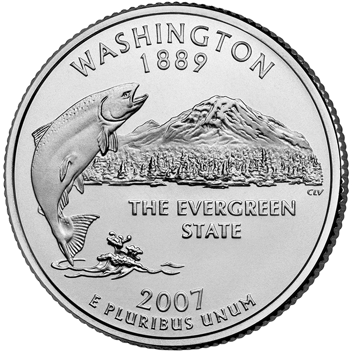 56 National Park Quarters List (With Pictures!) 76 A coin titled Washington features a salmon jumping from water in front of Mount Rainier