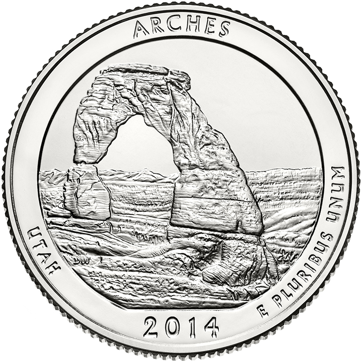 56 National Park Quarters List (With Pictures!) 53 A national park quarter for Arches with Delicate Arch framing the La Sal Mountains